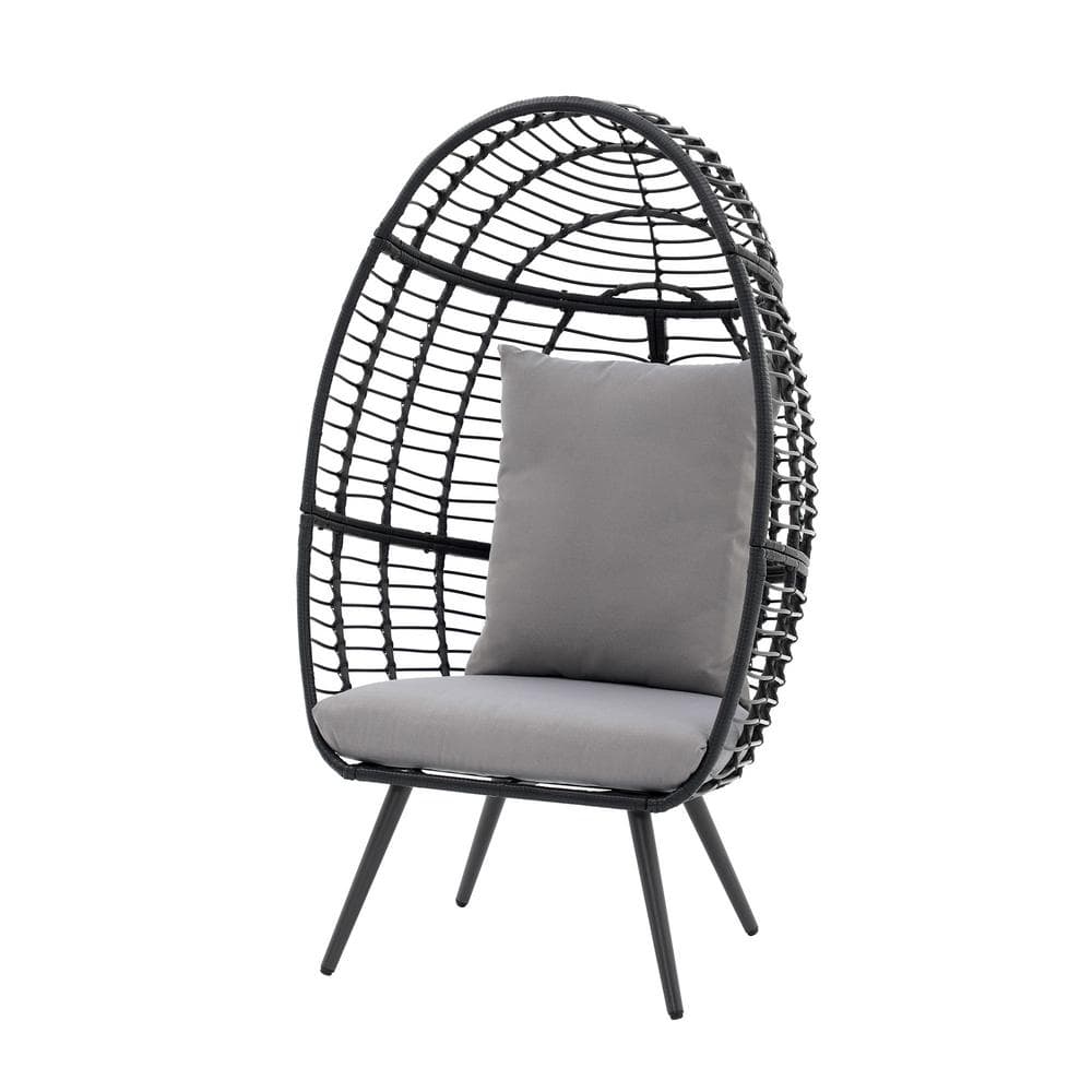 Wicker Black Outdoor Indoor Egg-Shaped Lounge Chair with Removable Grey Cus