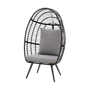 Wicker Black Outdoor Indoor Egg-Shaped Lounge Chair with Removable Grey Cushion