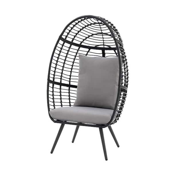 Wicker Black Outdoor Indoor Egg-Shaped Lounge Chair with Removable Grey Cushion