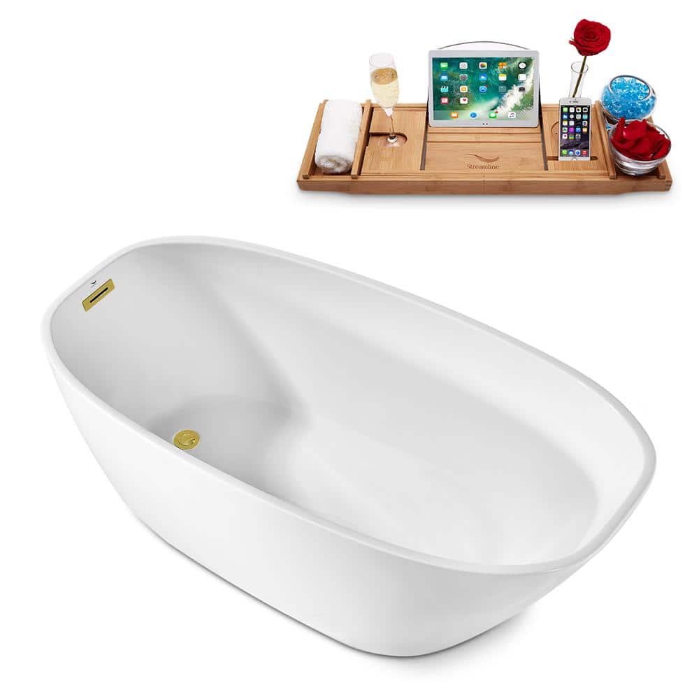 63" Glossy White Acrylic Freestanding Slipper Bathtub with Polished Gold Trim