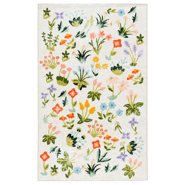 Martha Stewart Washable Beige/Red 3 ft. x 5 ft. Machine Washable Floral Abstract Area Rug