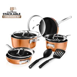 StackMaster 10- Piece (7 in. and 9 in.) Aluminum Cast Textured Ceramic Nonstick Coating Cookware Set with Utensils