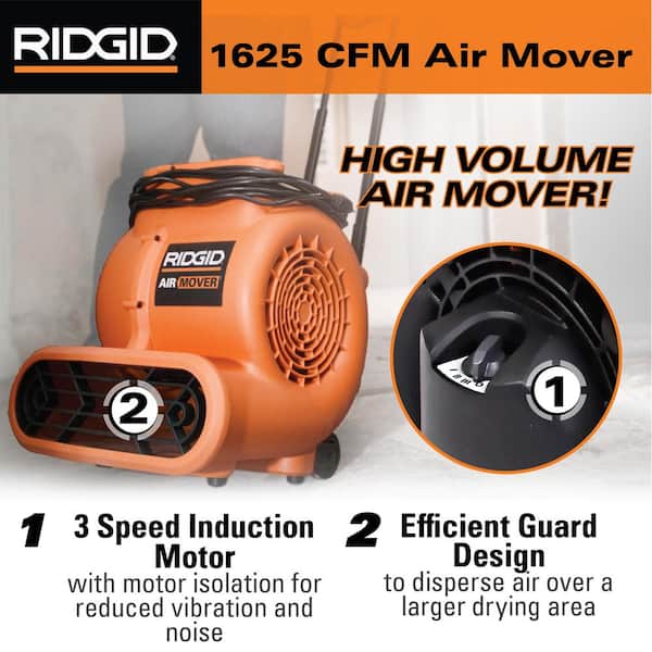 Walling Fan Ridgid RIDGID 1625 CFM 3-Speed, Portable AM2560 Air Mover Blower Fan with ...