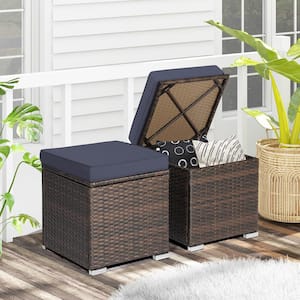 2-Piece Wicker Outdoor Patio Ottomans Hand-Woven PE Wicker Footstools with Removable Navy Cushions
