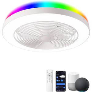 19.7 in. Smart Indoor White Low Profile RGB Alexa Google Assistant Flush Mount Ceiling Fan Light with LED with Remote