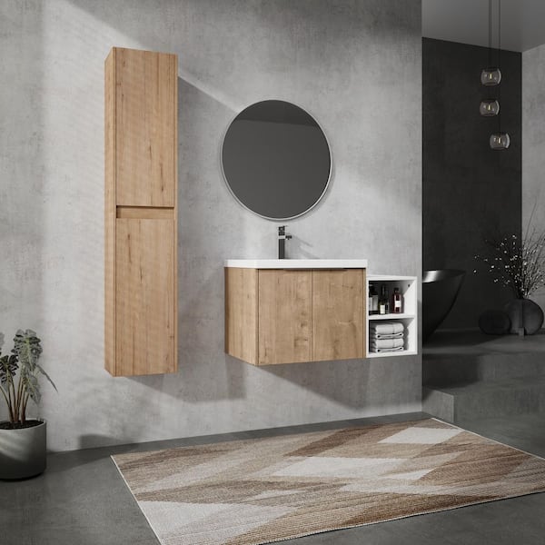 Combined 35.6 in. W X 18.1 in. D x 19.3 in. H Floating Bath Vanity in Imitative Oak with White Resin Vanity Top