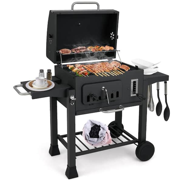 Barrel Charcoal Grill with 2 Folding Side Tables 24-Inch Outdoor Barbecue Grill