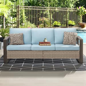3-Seat Wicker Outdoor Patio Sofa Steel Frame Sectional Couch with Baby Blue Cushions