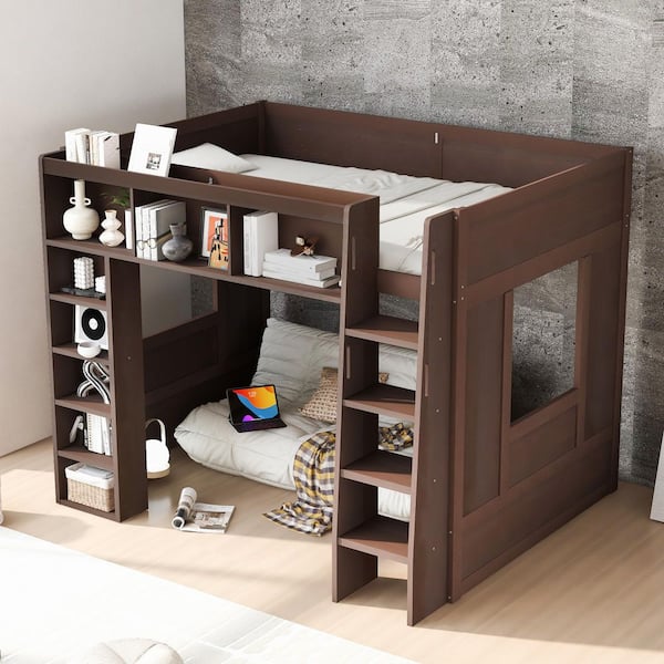 Brown Queen Size Wooden Loft Bed with Storage Cabinets and Shelves