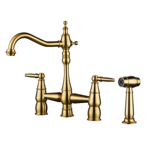 Double Handle Brass Vintage Bridge Kitchen Sink Faucet with Side Sprayer and Supply Lines in Brushed Gold