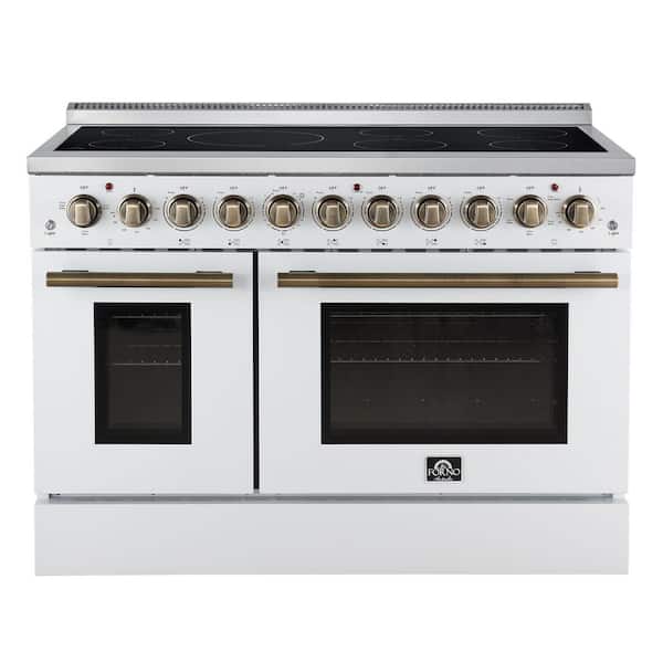 Paolo 48 Inch Freestanding Electric Range in White with Antique Brass, 6.7 cu. ft., True Convection Oven