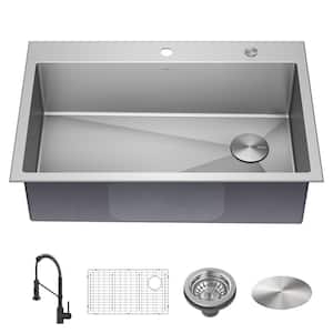Loften Stainless Steel 33 in. Single Bowl Drop-In/Undermount Kitchen Sink with Pull Down Faucet in Matte Black