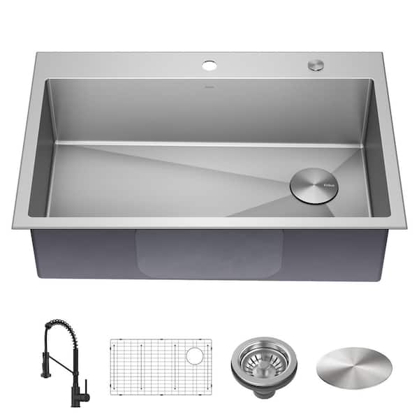 KRAUS Loften 33 in. Drop-In Single Bowl 18 Gauge Stainless Steel Kitchen Sink with Pull Down Faucet in Matte Black