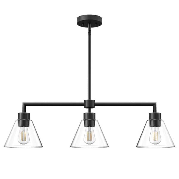 EDISHINE 3-Light Ines Black Industrial Linear Chandelier with Glass Shades, Industrial Linear Kitchen Pendant Light