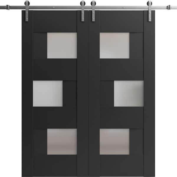 VDOMDOORS 18 in. x 80 in. 2 Panel Frosted Glass Black Matte Solid Wood Sliding Barn Door with Hardware Kit