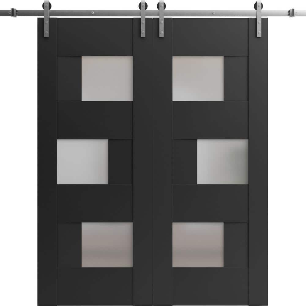 Assemble Required 18 in. x 84 in. 2 Panel Frosted Glass Black Matte Solid MDF Sliding Barn Door with Hardware Kit price history on PriceWatchPro