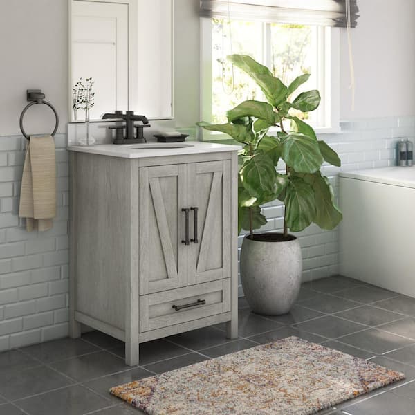 Twin Star Home Rustic 23.88 in. Bath Vanity in Fairfax Oak with White Stone Top and White Basin