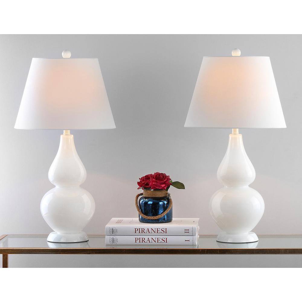 Cybil White Glass Double Gourd Nightstand Lamp Set with Cotton Shade