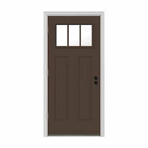 32 in. x 80 in. 3 Lite Craftsman Dark Chocolate Painted Steel Prehung Right-Hand Outswing Front Door w/Brickmould
