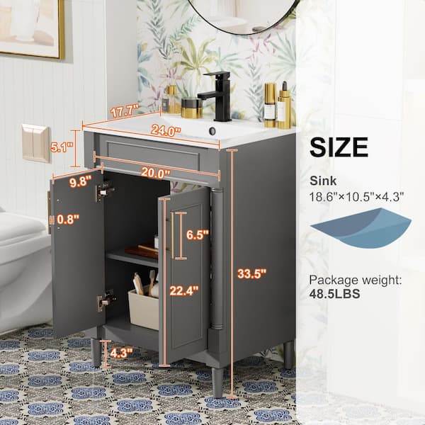 24 W x 17.7 D x 33.5 in. H Freestanding 1-Sink Bath Vanity in Gray with White Ceramic Top and Drain Faucet Set