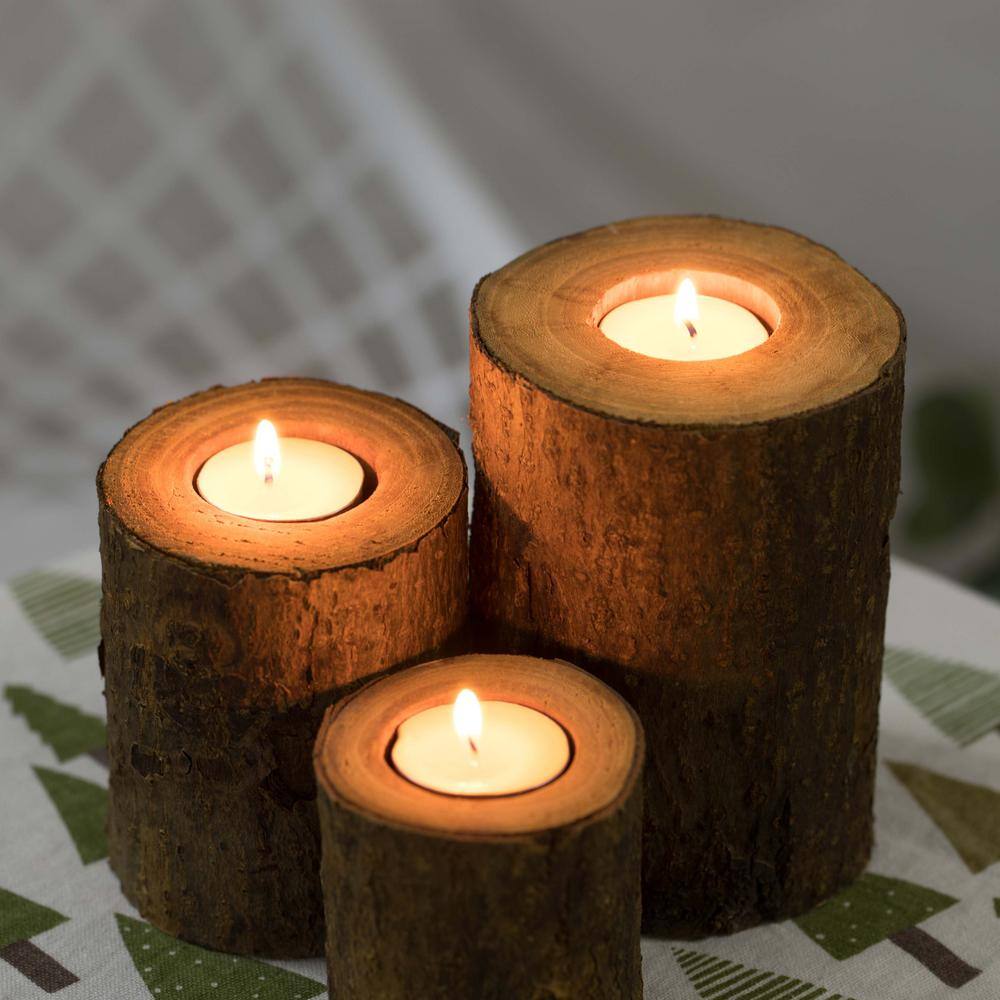 Rustic Bark Wooden Tea Light Candle Holder Trio