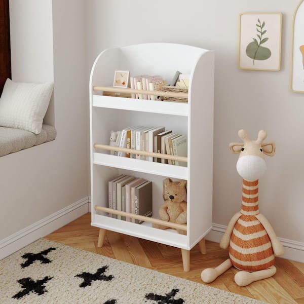 Niro 37.4 in. Tall White MDF Wood 3-Tier Freestanding Kids Bookcase with Open Shelves and Pine Legs