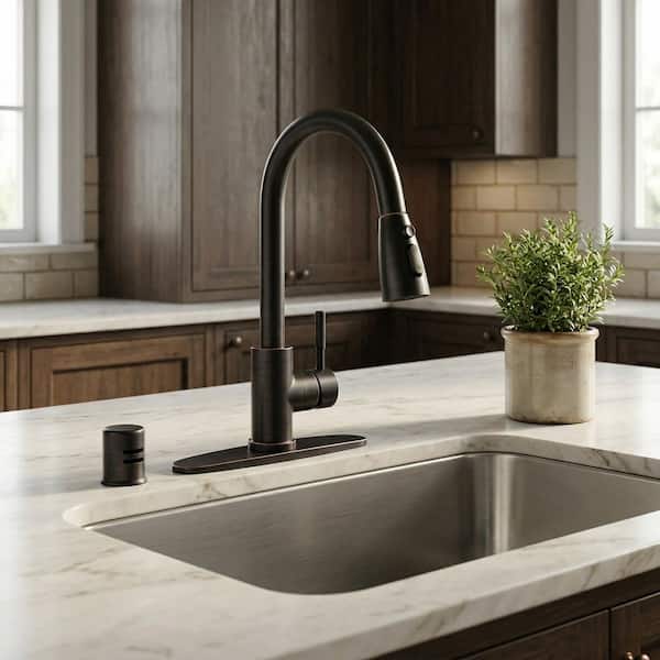 15.6 in. Single Handle Pull Down Sprayer Kitchen Faucet with 360° Spout Swivel and Air Gap in Oil Rubbed Bronze
