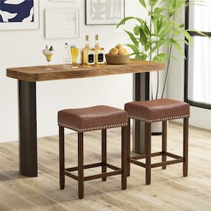 24 in. Brown Backless Wood Bar Stool with PU Seat Set of 2