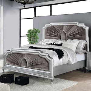 Lorenna Silver and Warm Gray Wood Frame Queen Panel Bed with Upholstered Headboard