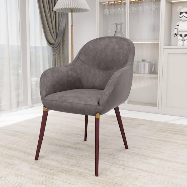 Elias Dining Chair Upholstered in Leather With Barrel Back and Powder-Coated Legs Set of 4, Dark Grey