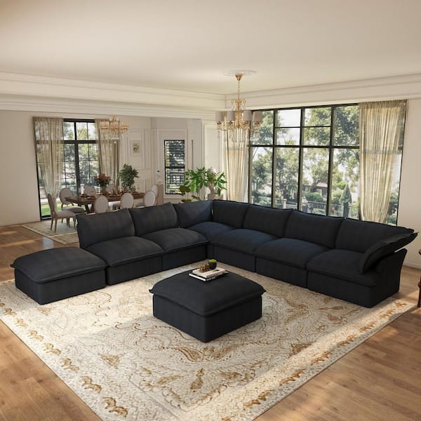 Wide Deep Seat 163 in. Flared Arm 8-Piece Down Filled Linen U-shaped Modular Sectional Sofa Corner Cloud Couch in. Black