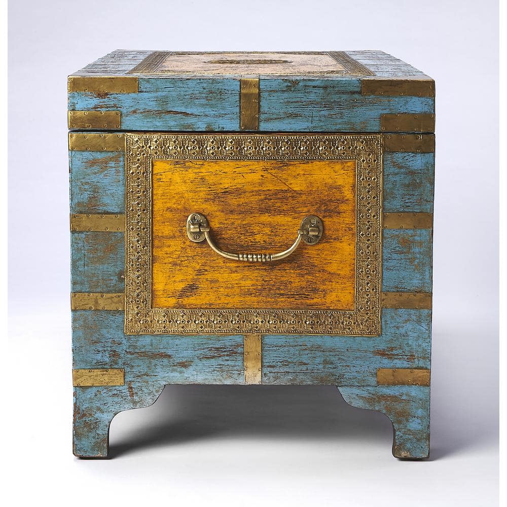 Nador Multicolor Mango Wood and Brass Inlay Storage Trunk Coffee Table