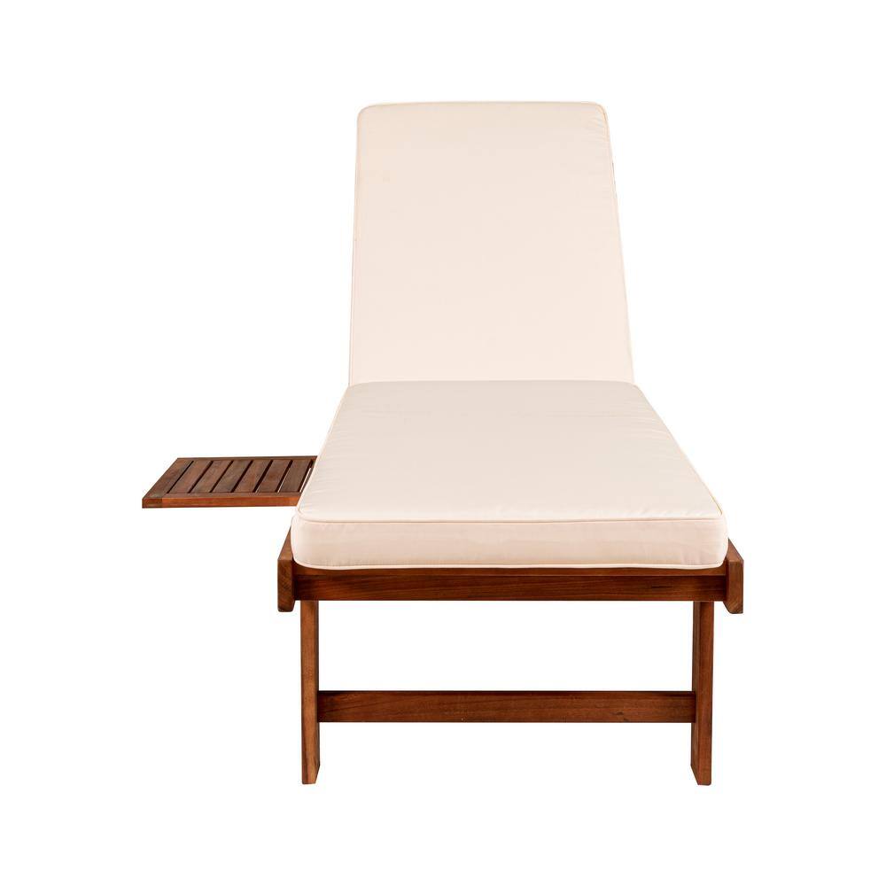 Seabrook 69" Acacia Wood Outdoor Lounger with Cream Cushion and Slide Table