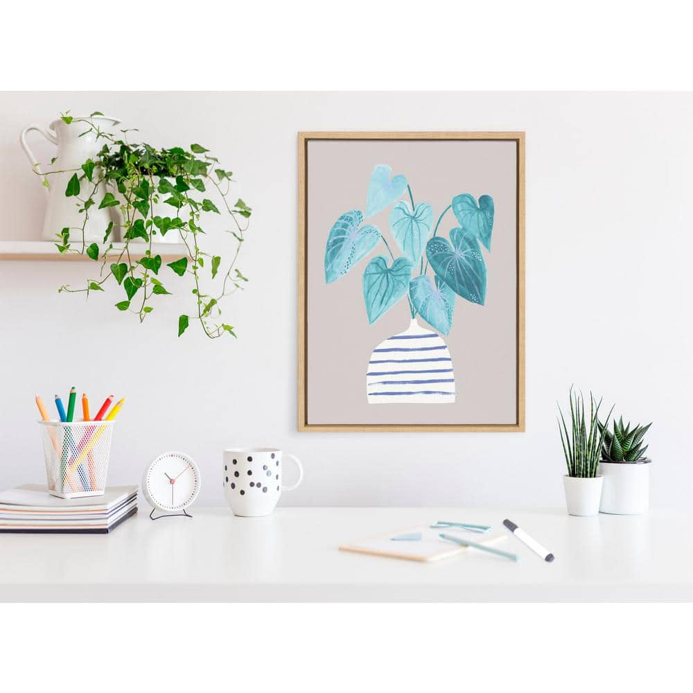 Minimalist Blue and Gray Houseplant Canvas Print with Natural Frame