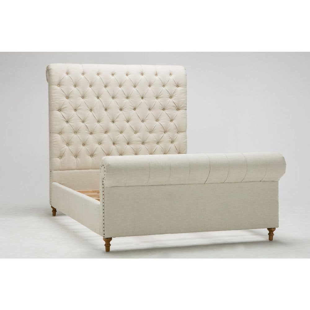 Elegant Cream Tufted Queen Bed with Ultra-High Headboard and Wood Frame