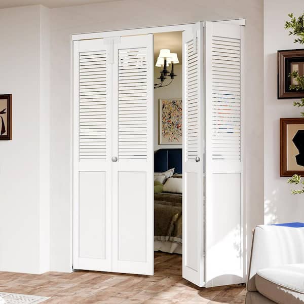 60 in. x 80 in. Half-Panel Louver Solid Core White PVC Covering MDF Wood Bi-fold Door with Locks, Handles