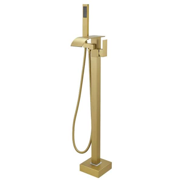 Single-Handle Freestanding Tub Faucet with Hand Shower Brass Waterfall Floor Mount Tub Filler in Brushed Gold