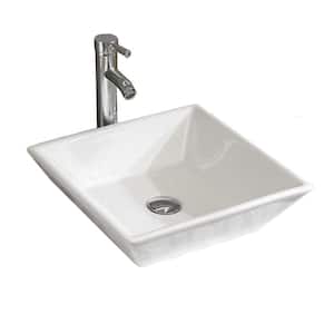 16.5 in . Vessel Square Bathroom Sink in White Ceramic with Faucet and Drain