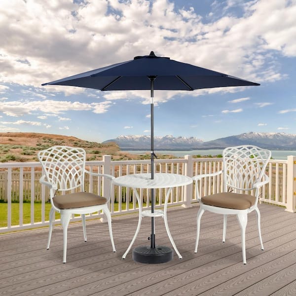 HOMEFUN 3-Piece Patio White Cast Aluminum Outdoor Bistro Set with Umbrella  Hole Table and Chairs with Armrest and Brown Cushions HFHDHW-730WH