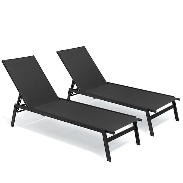 Metal Outdoor Patio Adjustable Chaise Lounge in Black with Textilene Fabric (2-Piece)