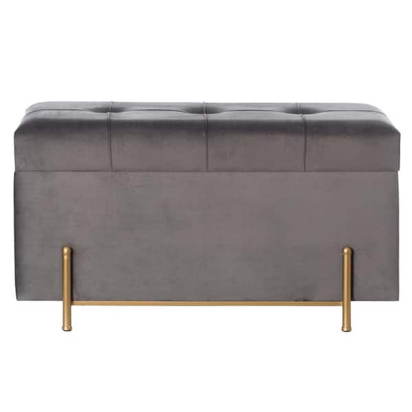 Gray Large Velvet Storage Ottoman with Gold Legs