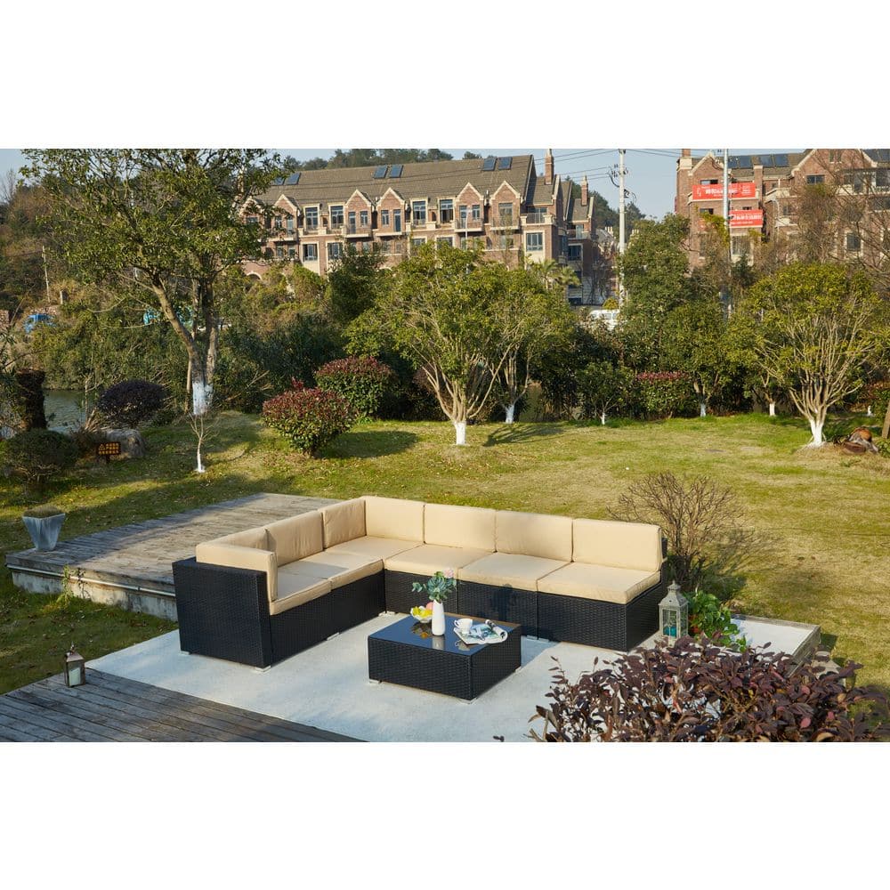 7-Piece Black Wicker Patio Conversation Set with Blue Cushions and Coffee Table price history on PriceWatchPro