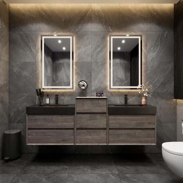 BV Better Vanity MIA 79 in. W x 20 in. D x 30 in. H Double Sink Middle Cabinet Bath Vanity in Gray Oak with Black Stainless Steel Top