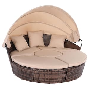 4-Piece Sectional Wicker Outdoor Day Bed with Khaki Cushions and Sun Canopy