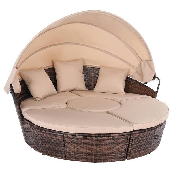 Winado 4-Piece Sectional Wicker Outdoor Day Bed with Khaki Cushions and Sun Canopy