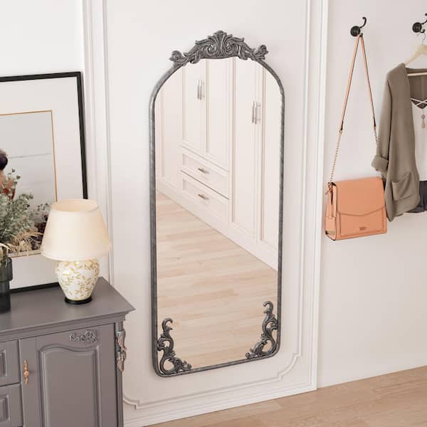 Antique Silver 24.00 in. W x 58.00 in. H Classic Retro Arched Metal Iron Framed Wall Mirror