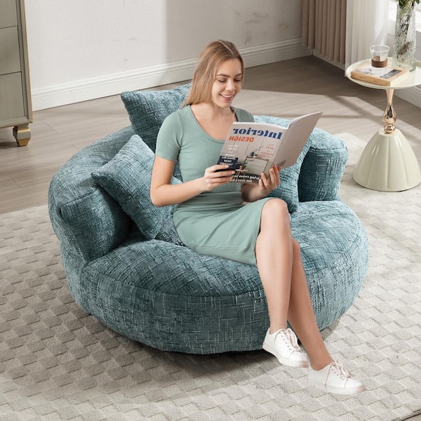 HOMEFUN Modern Comfy Teal Chenille Upholstery Bean Bag Round