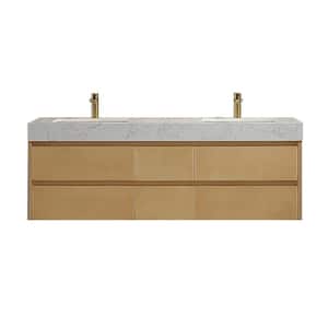 60 in. W x 20.8 in. D x21.3 in. H Floating Bath Vanity in Natural Wood Color with White Marble Countertop, Double Sinks