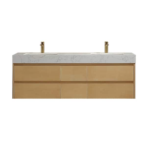 tunuo 60 in. W x 20.8 in. D x21.3 in. H Floating Bath Vanity in Natural Wood Color with White Marble Countertop, Double Sinks