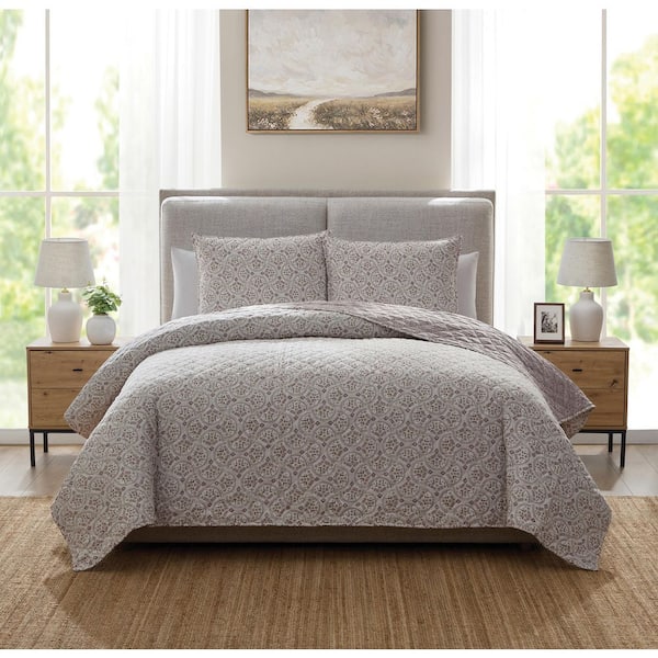 Trellis Mauve 3-Piece Poly Cotton Gauze Quilt Set, Full/Queen